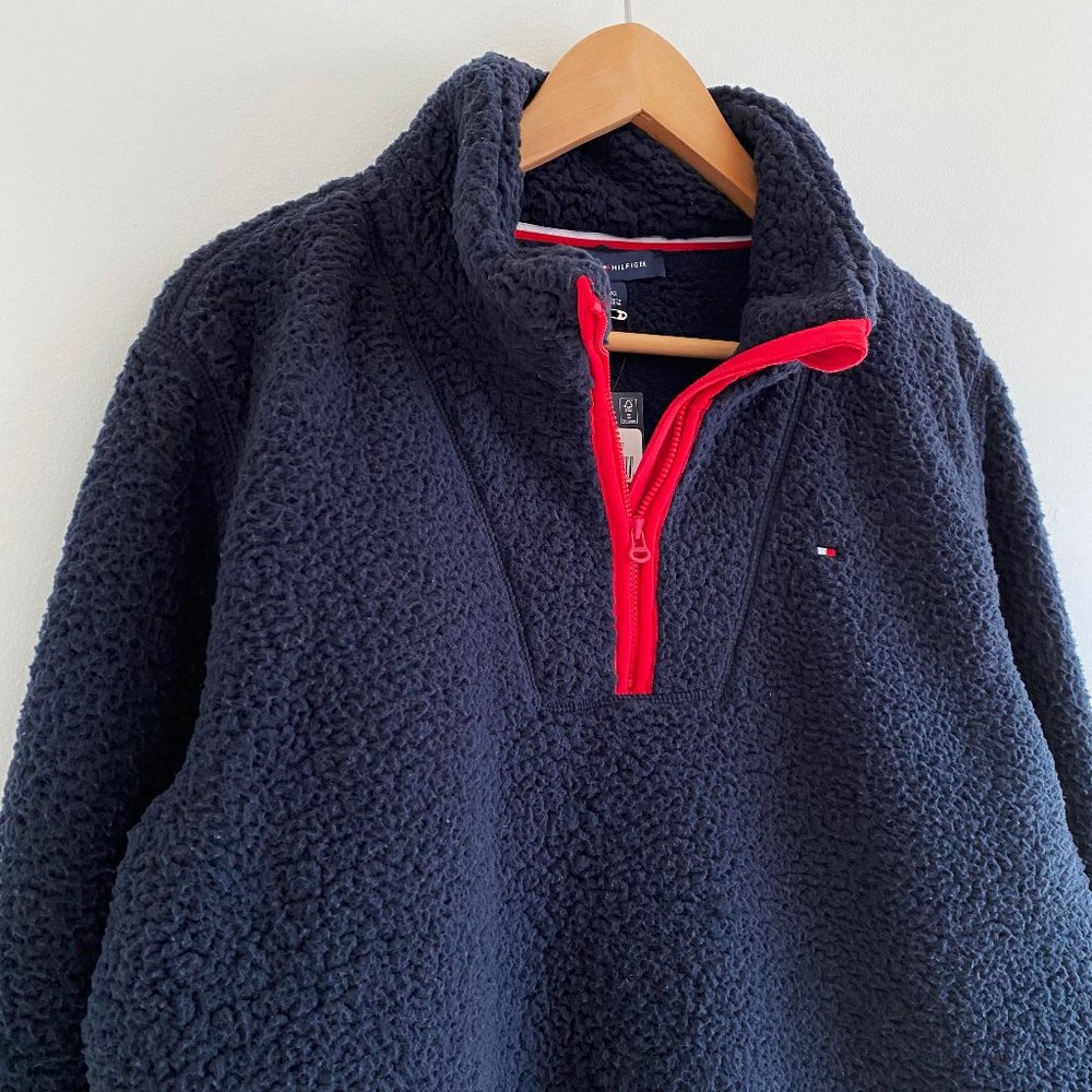 Tommy Hilfiger Sherpa Quarter-Zip Pullover Mock neck Sweater with Thumb holes, L - Picture 2 of 9